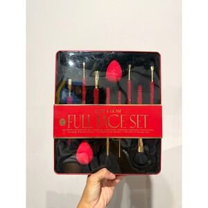 Glitz & Glam Red 11-Piece Full Face Brush Set Rhinestone Handles + Sponges NEW